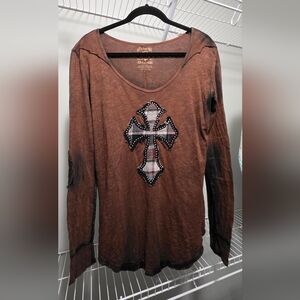 Brown Cross Embellished Long Sleeve Top